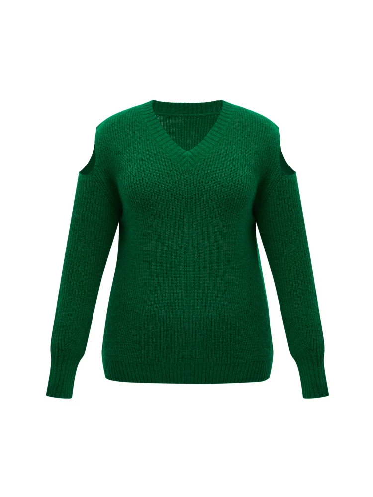 onelink-solid-green-v-neck-hollow-out-sleeves-plus-size-women-autumn-winter-woolen-pullover-sweater-oversize-knitted-clothing