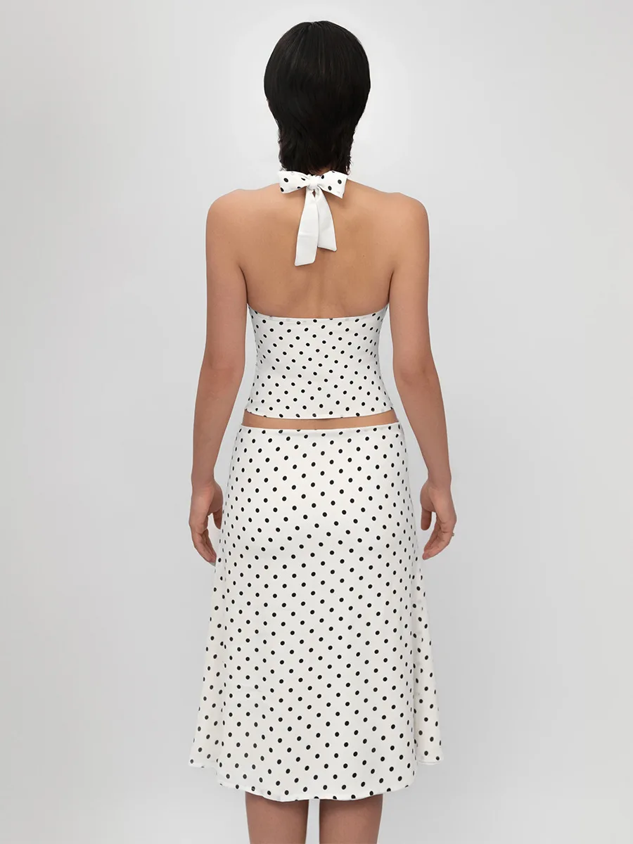 Bornladies Polka Dot Skirt Set Women's Retro Hot Girl Style Lace-Up Sexy Halter Top Low-Waist Midi Skirt Two-Piece Outfit