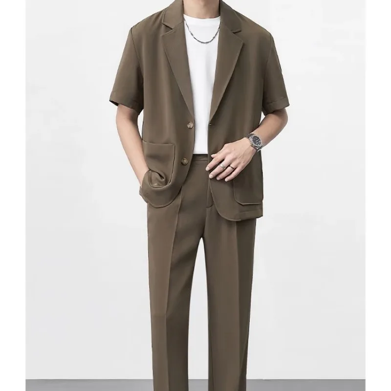 Business Casual Summer New Men's Solid Color Short Sleeve Notched Button Patchwork Pockets Classic Loose Blazer Pants Sets