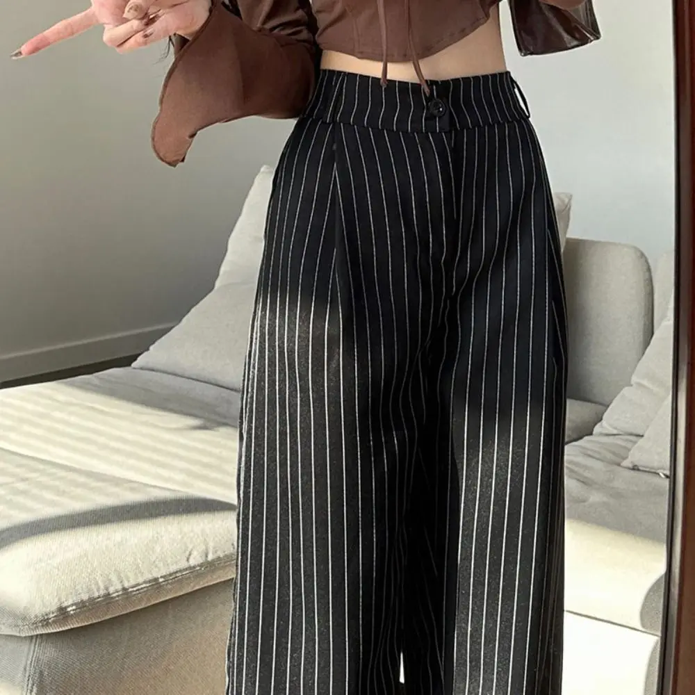 Retro Loose Stripe Straight Leg Pants Workout Trousers High Waist Wide Leg Pants Drape Feeling Autumn Casual Pants Women Female