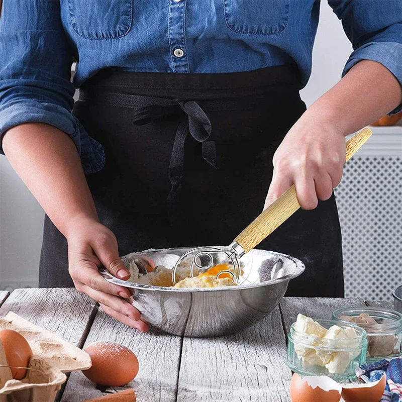 Description Picture 2 of itemWooden Handle Danish Dough Whisk Pastry Blender Stainless Steel Dutch Style Bread Dough Hand Mixer Kitchen Baking Tools