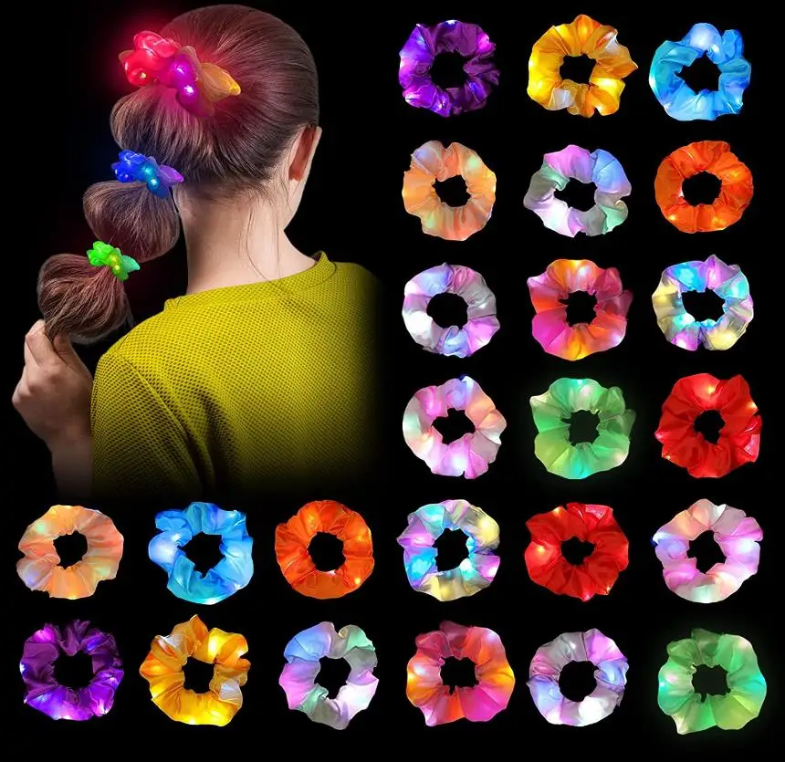25pcsLEDHairScrunchyFlashingHairBandsforWomenGirlsLuminous