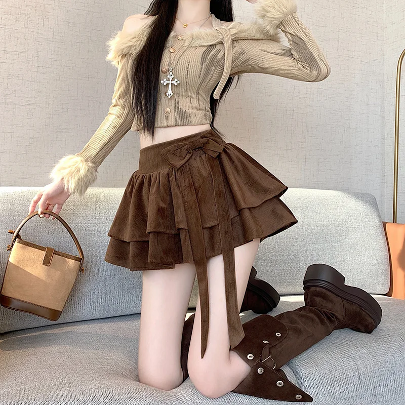 Autumn Winter Women's Dress Clothing New French Gentle Bow Layered Ruffle High Waist A-line Short Coffee Black Color Cake Skirt - Image 2