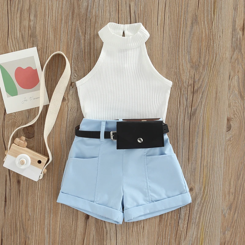 Emmababy 0-4 Years Summer Fashion Baby Girls Clothes Sets Solid Color Sleeveless Knit Vest Shorts with Belt Bags Children's Sets