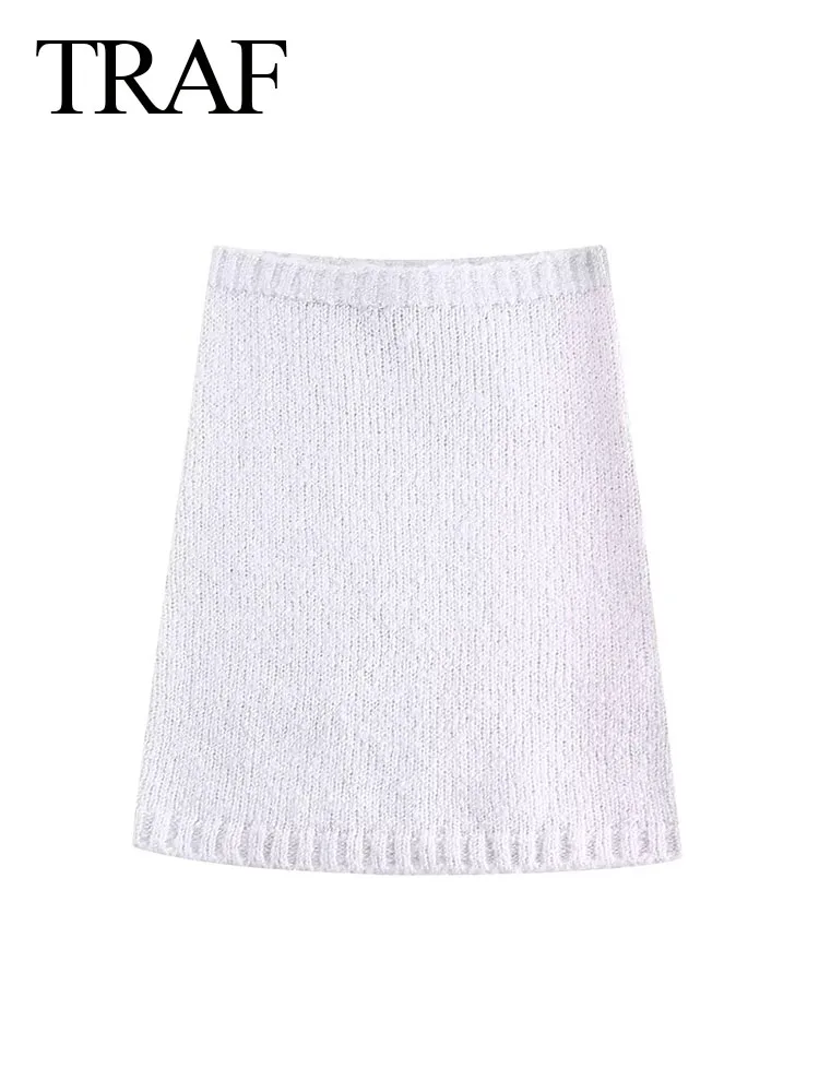 

TRAF Female Sexy Elastic Waist Slim Solid Color Texture Short Skirt Women Elegant Chic High Waist Knitted Mini Skirt Mujer