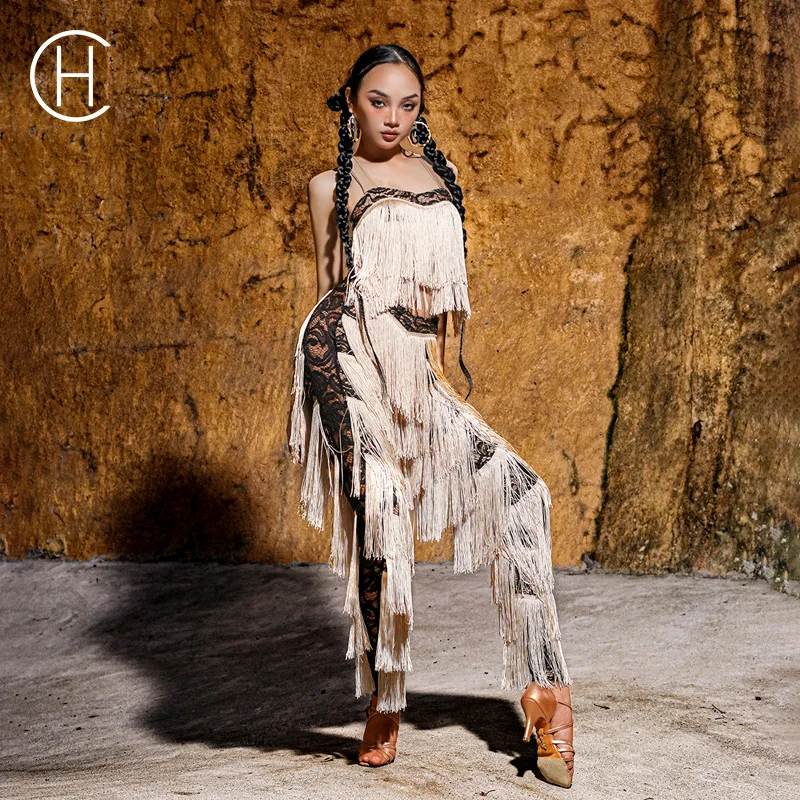 HC &middot; DANCE Latin dance suit women's jumpsuit professional tassel competition performance suit pants DL326 dance pants