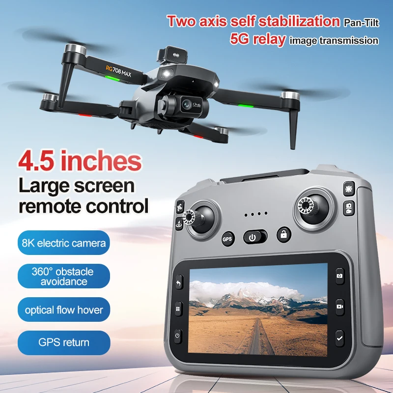 Drone GPS RG708 MAX en vol, capturant une vue aérienne grâce à son cardan stabilisé 2 axes.