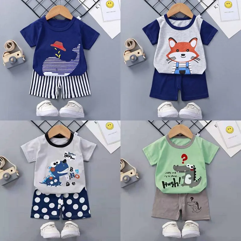 Cartoon Animals Print Tees Boys And Girls Wear Clothes Outfits Casual Crew Neck Pullover Pure Cotton Fashion Short Sleeve Sets