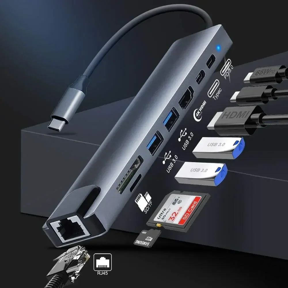 

Док-станция 8 в 1, USB C разветвитель, адаптер с PD зарядкой, RJ45 Ethernet, 4K HDMI, TF/SD картой для ноутбука Macbook Air/Pro