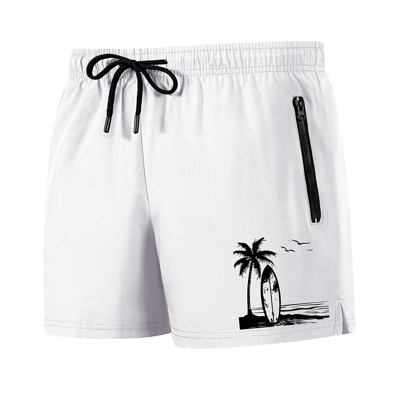 Tropical Surfboard Print Men's Beach Shorts with Mesh Liner and Zipper Pockets