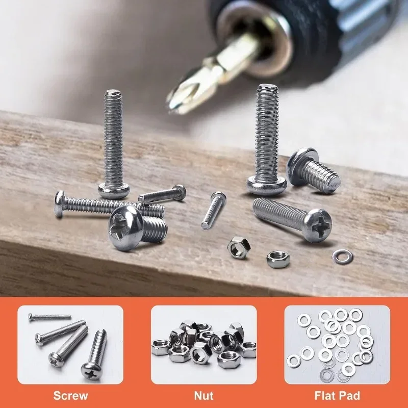 1220PCS 304 Stainless Steel Screws Set Phillips Pan Head Screw Bolt and Nut Flat Washers Machine Screws Assortment Kit M2/3/4/5