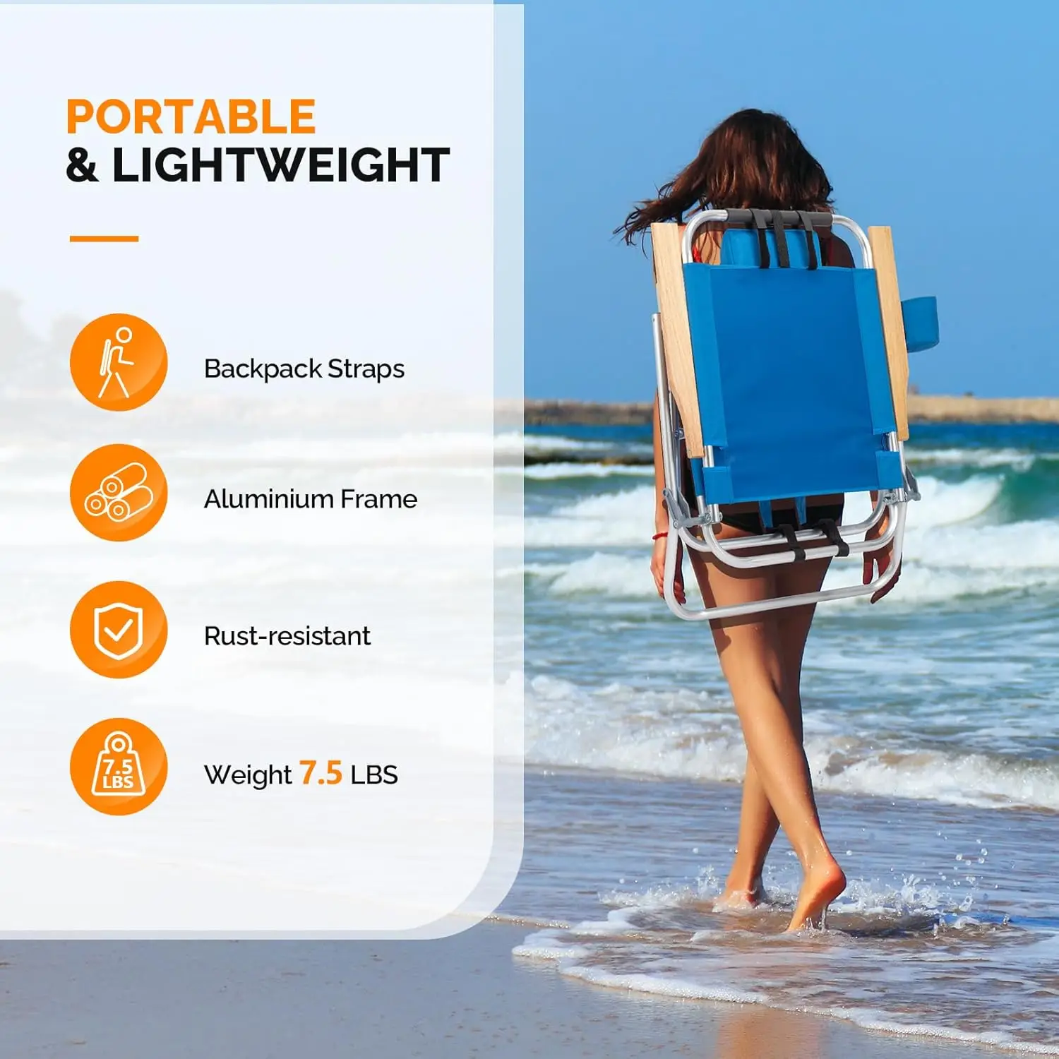 13" Aluminum Backpack Beach Chair – Tall Beach Chairs for Adults, Portable with Adjustable Straps, 3-Position Reclining