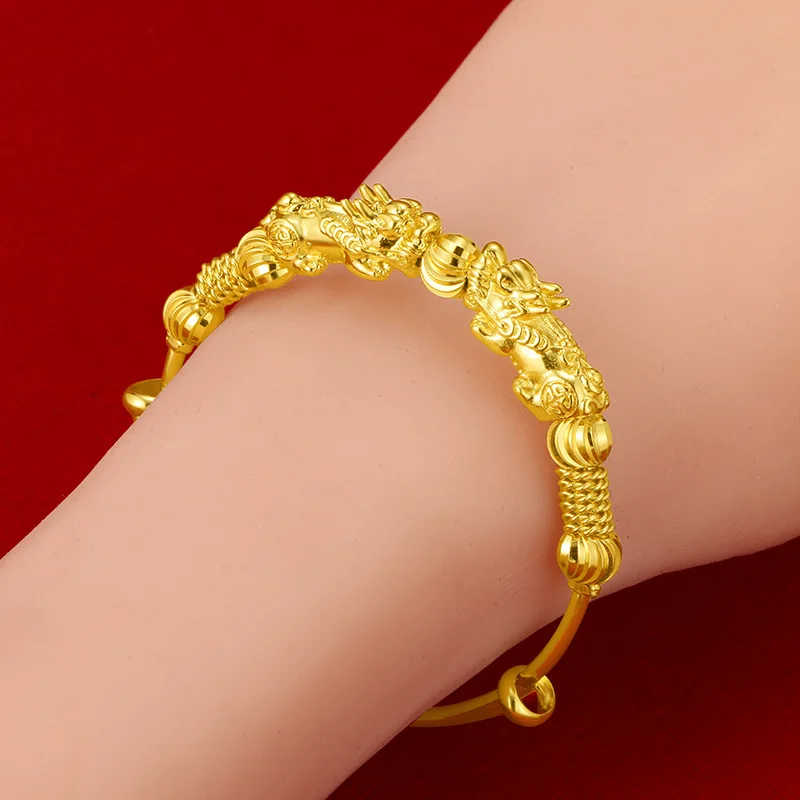 

Original 24K Yellow Gold Color Money Pixiu Transfer Beads Bracelets for Women Baby Golden Bangles Fine Jewelry Gifts Not Fade