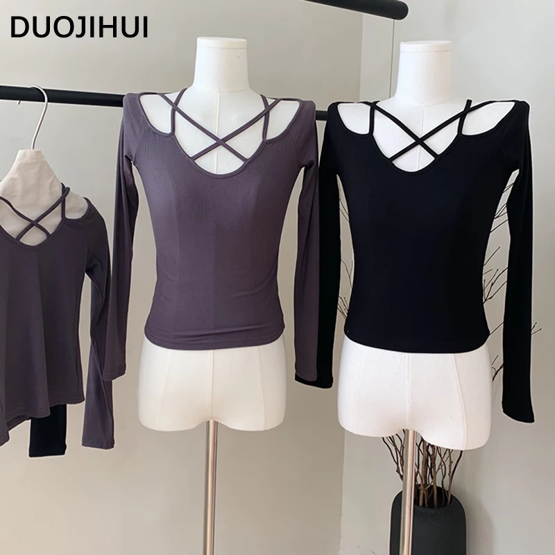 

DUOJIHUI Осенняя Сексуальная облегающая женская одежда с воротником-стойкой, новая модная простая Базовая однотонная женская футболка с длинным рукавом
