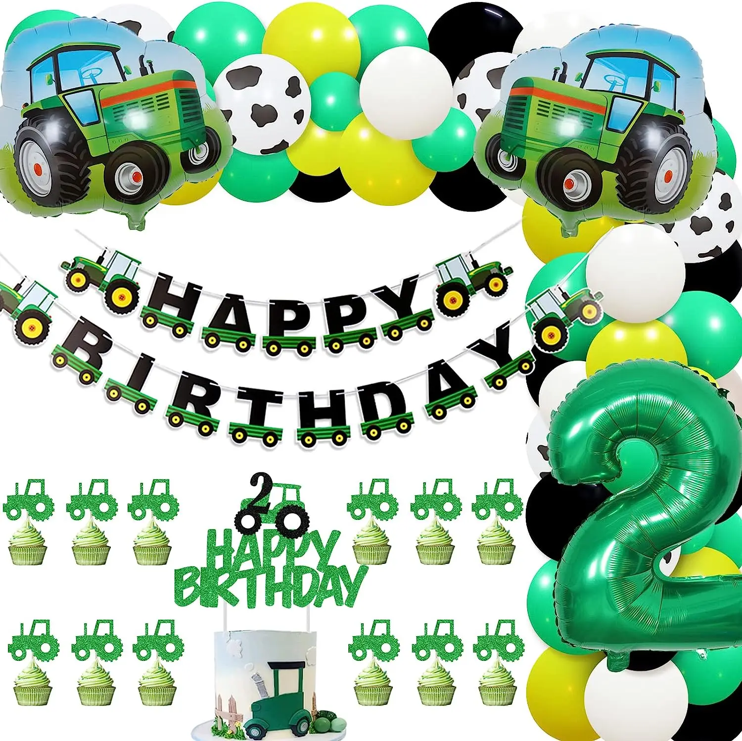 

JOYMEMO Tractor 2nd Birthday Party Decorations for Boys Green Tractor Balloon Arch Kit Tractor Happy Birthday Banner Cake Topper