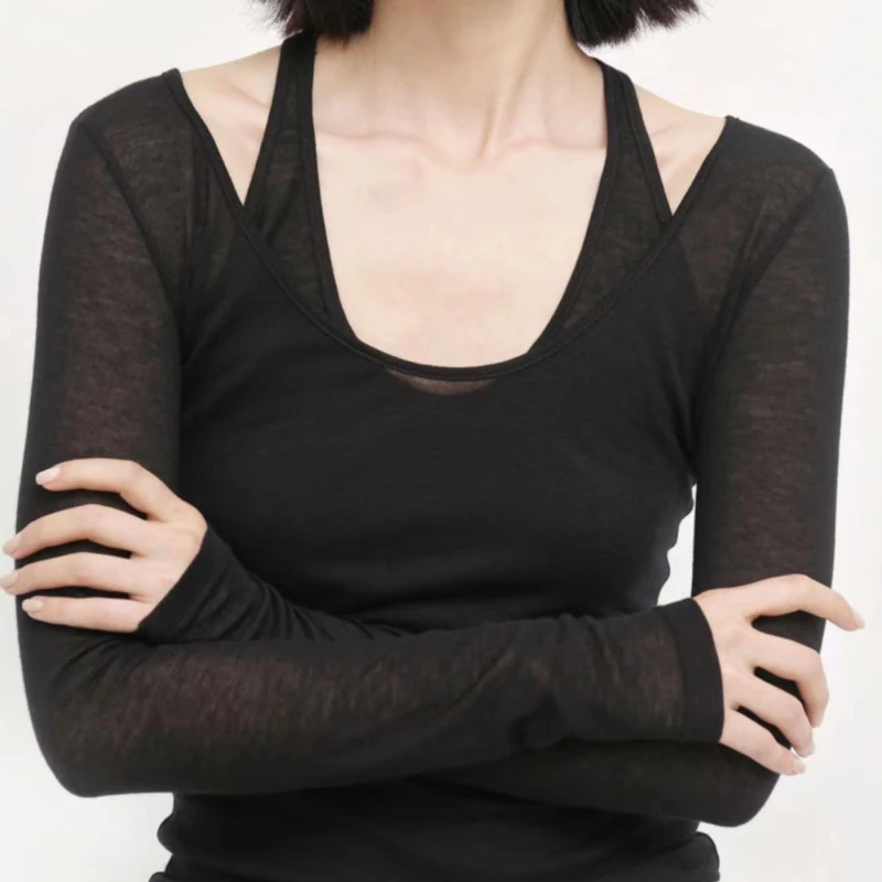 

Spring and Autumn Simple Temperament Commuting Personality Two Wear Bottoming Slightly Transparent Wool Knit Sweater Slim Top