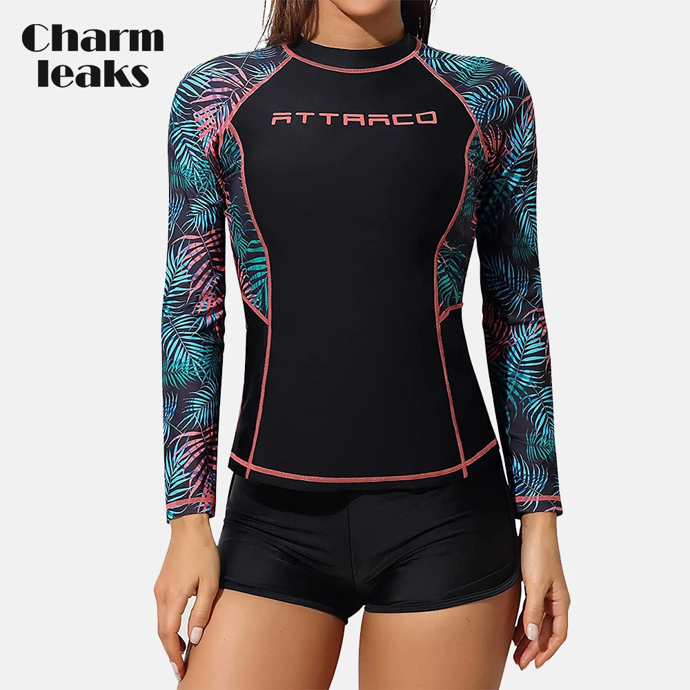 Charmleaks Women Rash Guard Long Sleeves Crew Neck UPF 50+ Quick Dry Shirt Floral Print Stretchy Fabric Surfing Swimming Tops