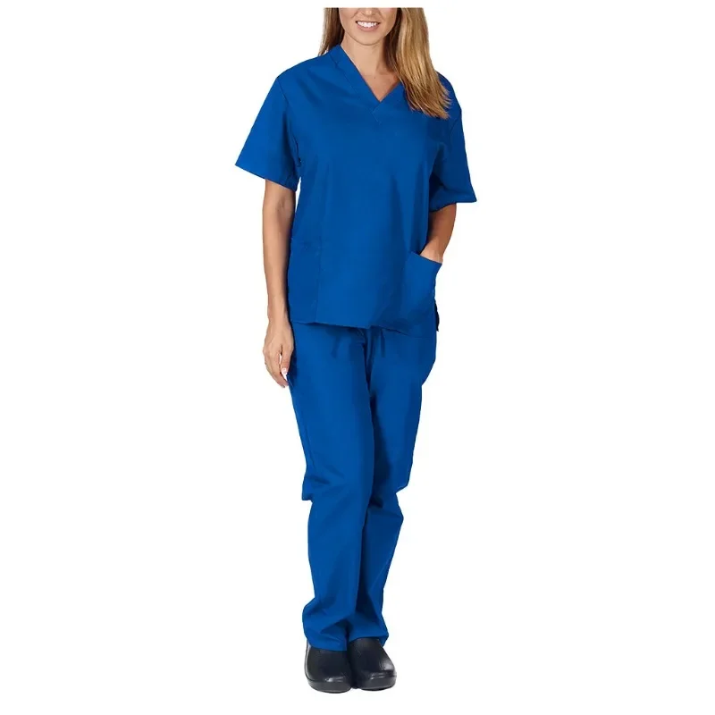 European and American Solid Color Pocket V-neck Nursing Work Uniform Protective Clothing Nurse Uniform Two-piece Suit nurse uniform suits work uniform sets