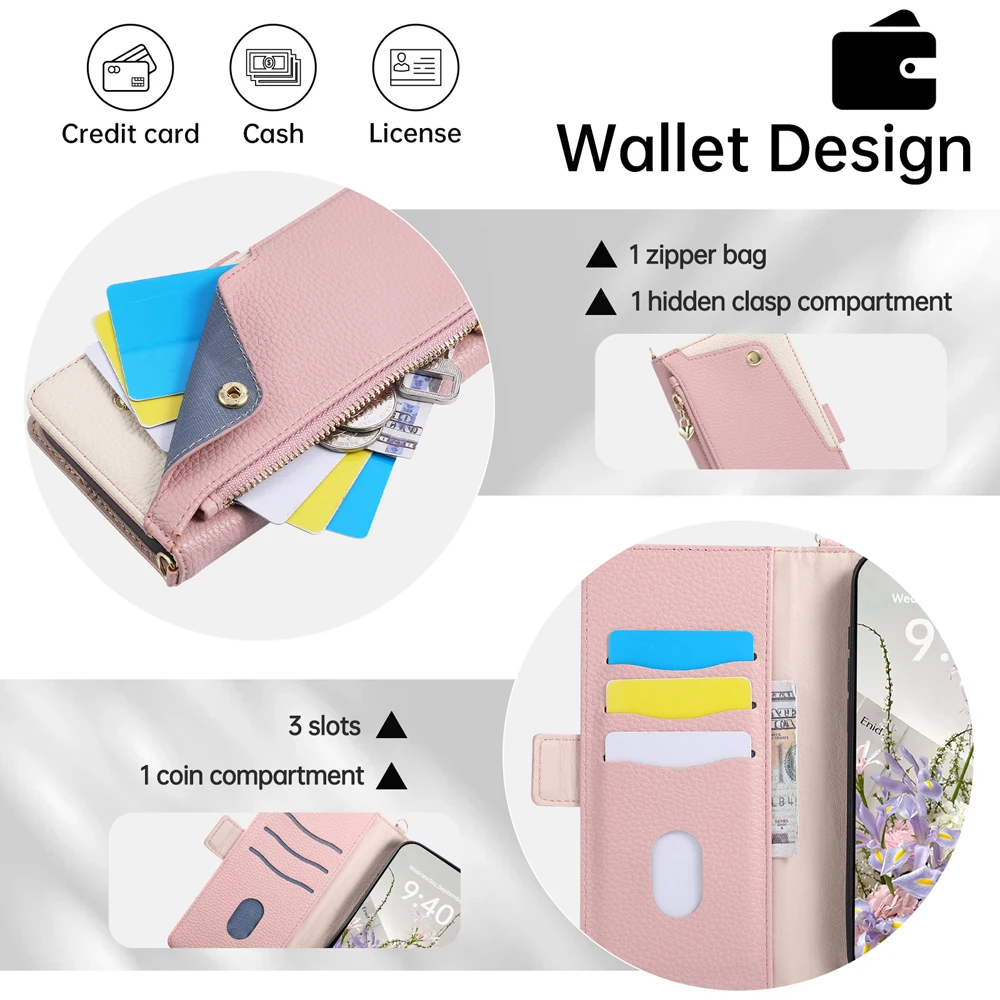 Elegant PU Leather Flip Wallet Phone Case with Lanyard Wrist Strap Cover