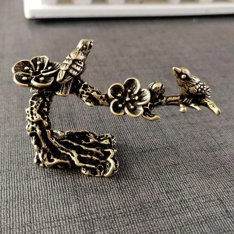 Pure Copper Plum Tree Happy Magpie Bird Miniature Ornaments Antique Brass Cuckoo Figurine Tea Table Decorations Desk Decor Craft