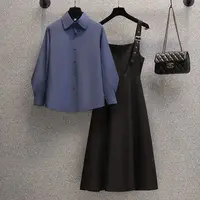 Women Sets Simple Solid Puff Sleeve Shirts Elegant Mid-calf Black Dress Spring Autumn Fashion 2 Pecs Ladies Hot Sale Ins Design 4
