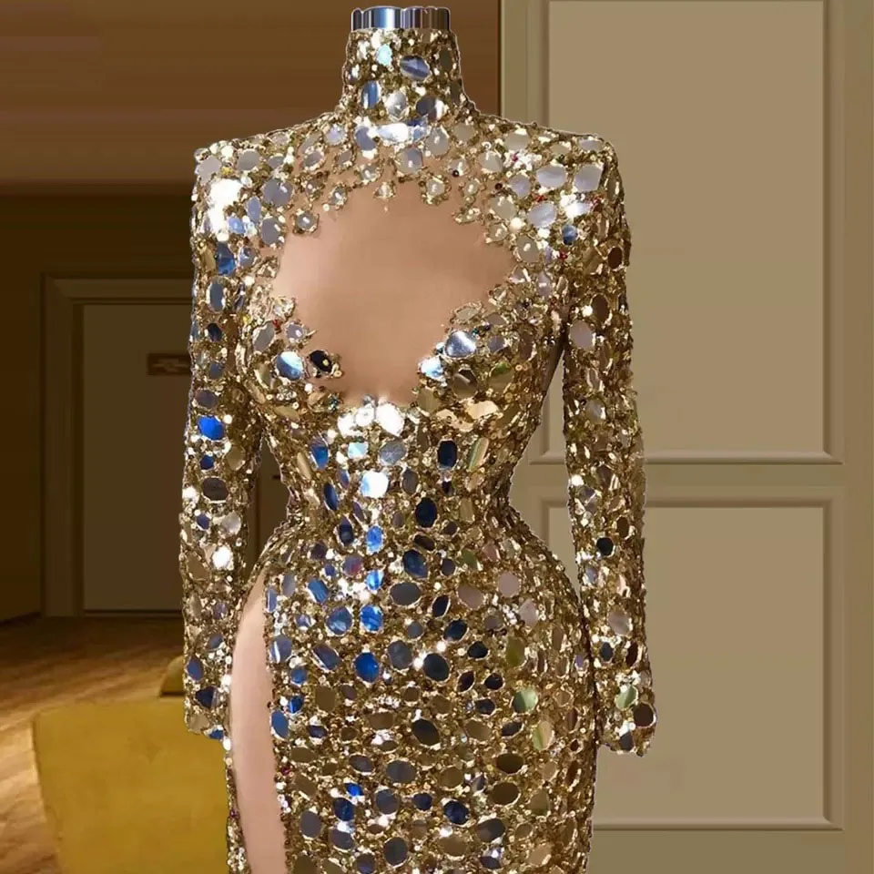 Gold Mirror Sequin Evening Dresses Luxury 2024 Mermaid Beads High Slit Sexy African Women Formal Prom Party Gown Customized 2
