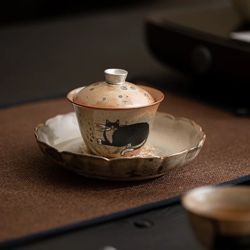 Japanese Style Kiln-changed Retro Hand-painted Silver Ceramic Covered Bowl Small Tea Bowl Tea cup gaiwan