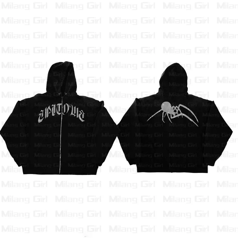 

Y2K Spider Diamond Men Zipper Hoodie Gothic Letter graphic Rhinestone punk clothes Black Oversized Sweatshirts zip up Streetwear