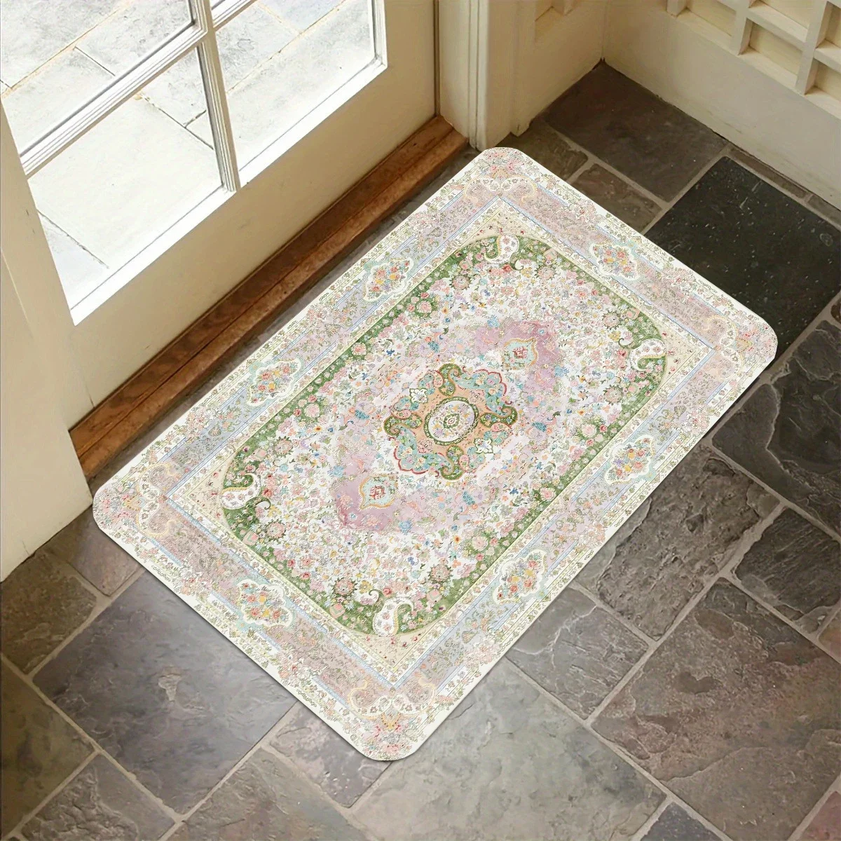 Green and Pink Persian Carpet Flannel Anti-slip Bathroom Accessories for Living Room Doormat Entrance Foot Mat Home Decoration 1
