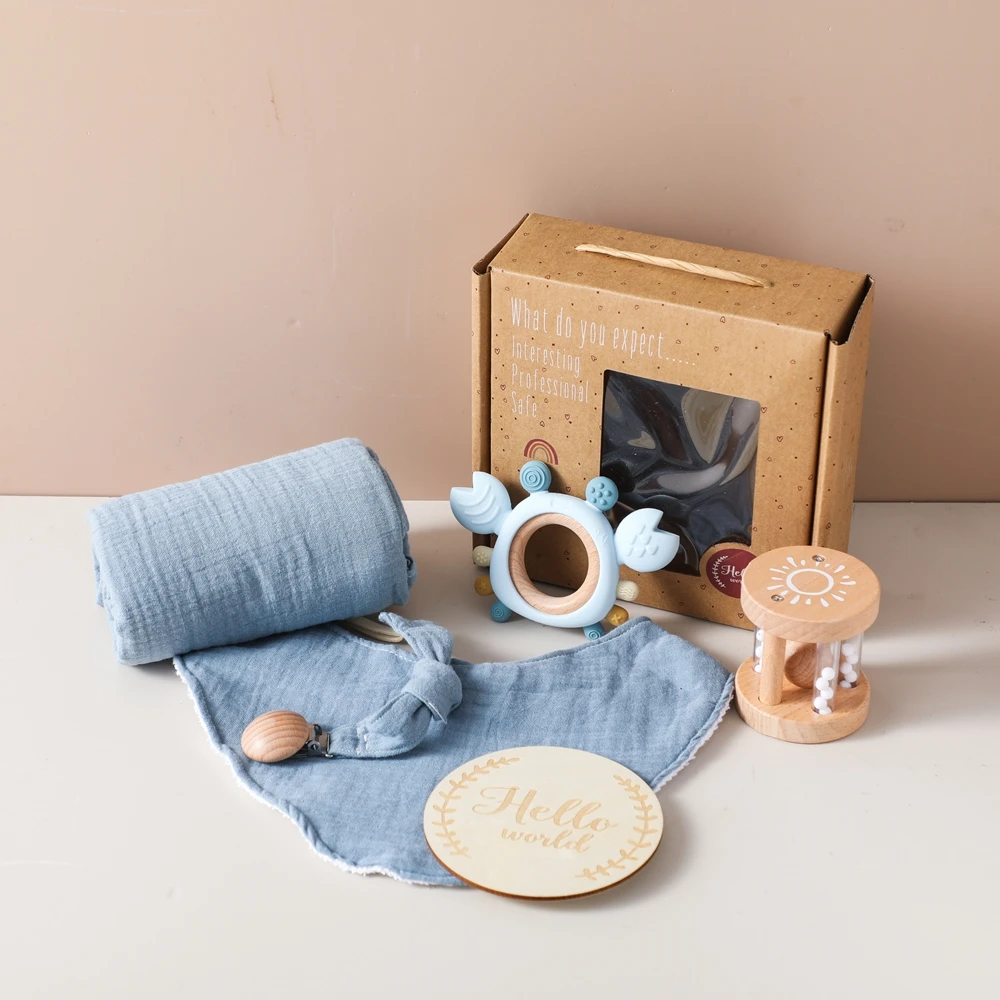 1set Baby Stuff Bath Towel Cotton Blanket Wooden Music Rattle Silicone Teether Sets Products For Kids Toy Box Cartoon Present