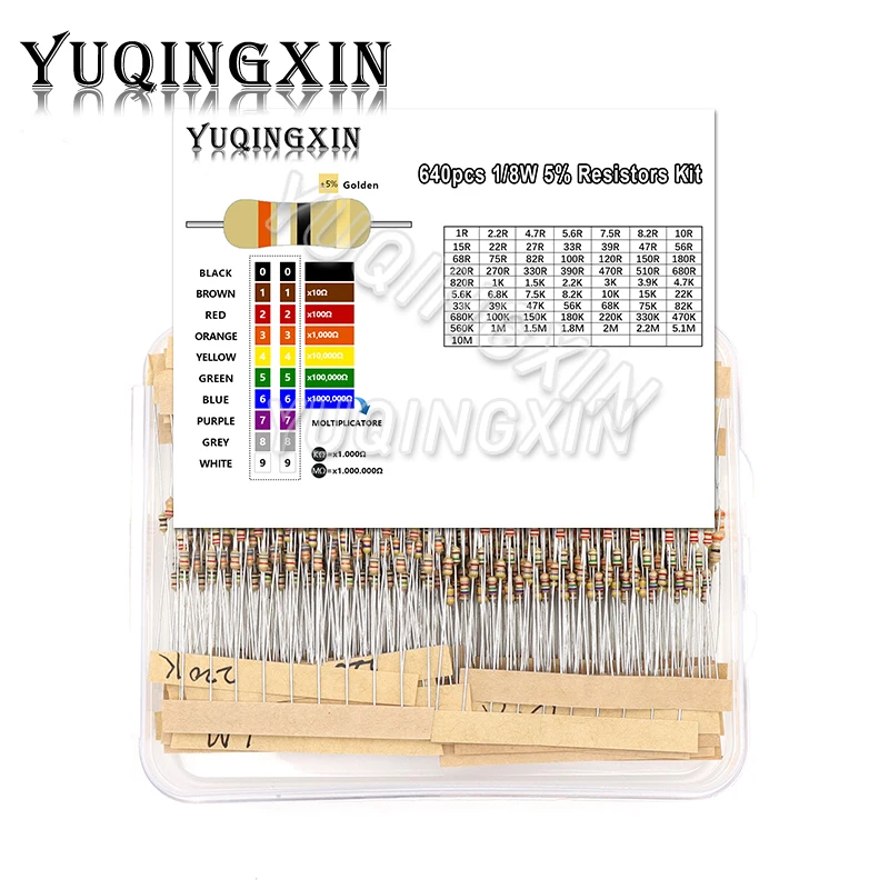 

640pcs 1/8W Carbon Film Resistor Kit 5% Resistance Assorted Set 64valuesX10pcs 1R - 10M ohm 0.125W Sample Pack