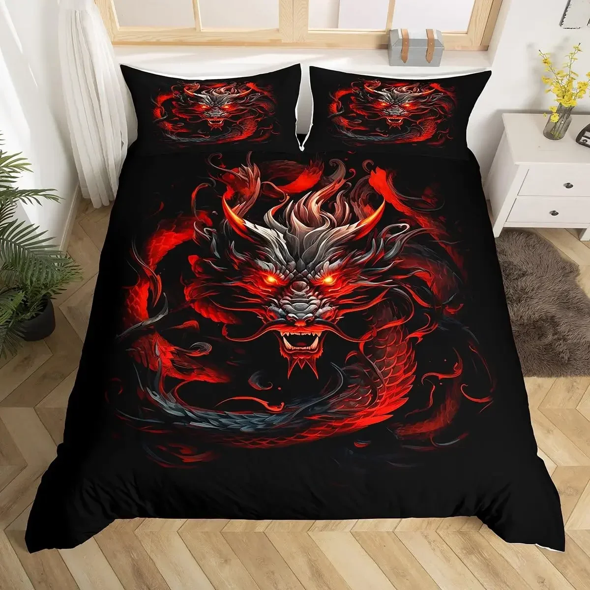 Magic Flying Dragon Duvet Cover Set Bright Colorful Fly Dragon Wildlife Kids Comforter Cover Outer Space Galaxy Men Bedding Set