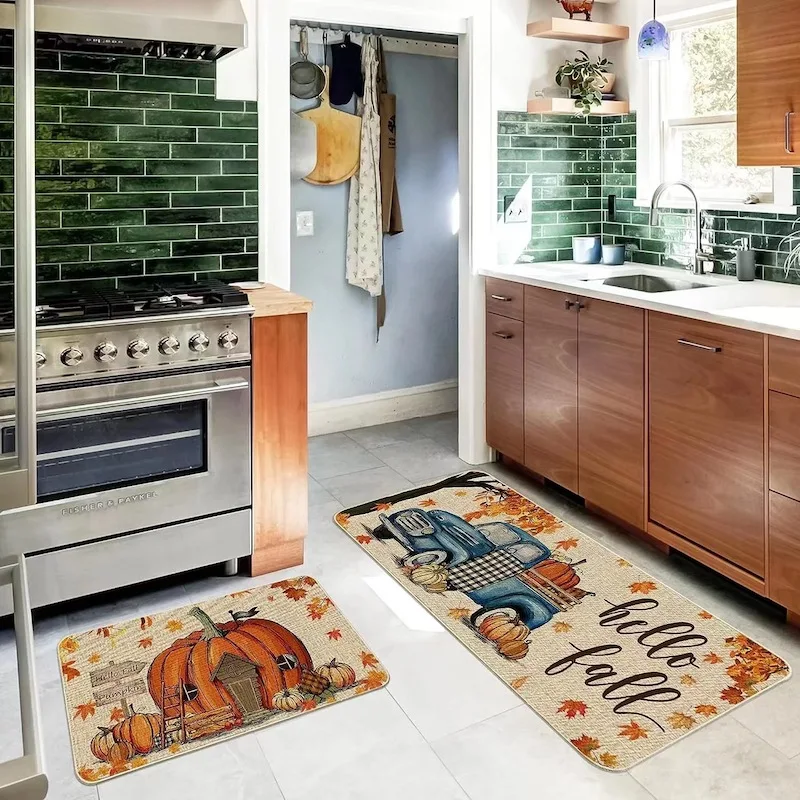 2 피스 가정용 주방 바닥 매트, 호박 매트, 흡수성 미끄럼 방지 매트, 유럽 및 미국 크리스마스 휴일 매트, 현관