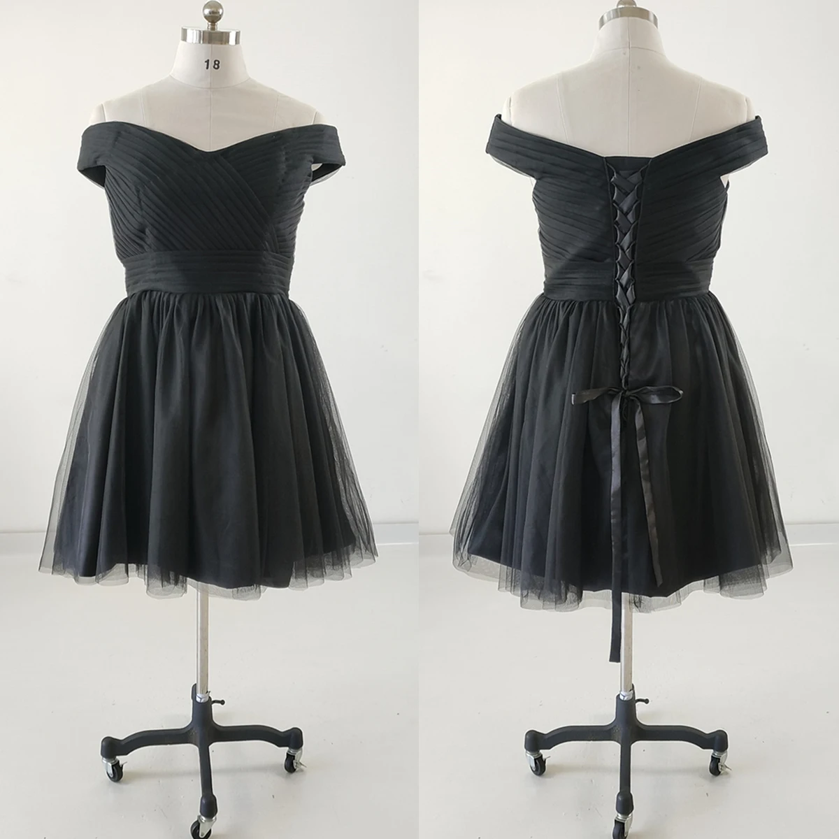 Vestido de cóctel con foto Real para mujer, vestido de tul negro con hombros descubiertos, con cordones por encima de la rodilla, plisado, talla grande, vestido Formal de fiesta, bata personalizada