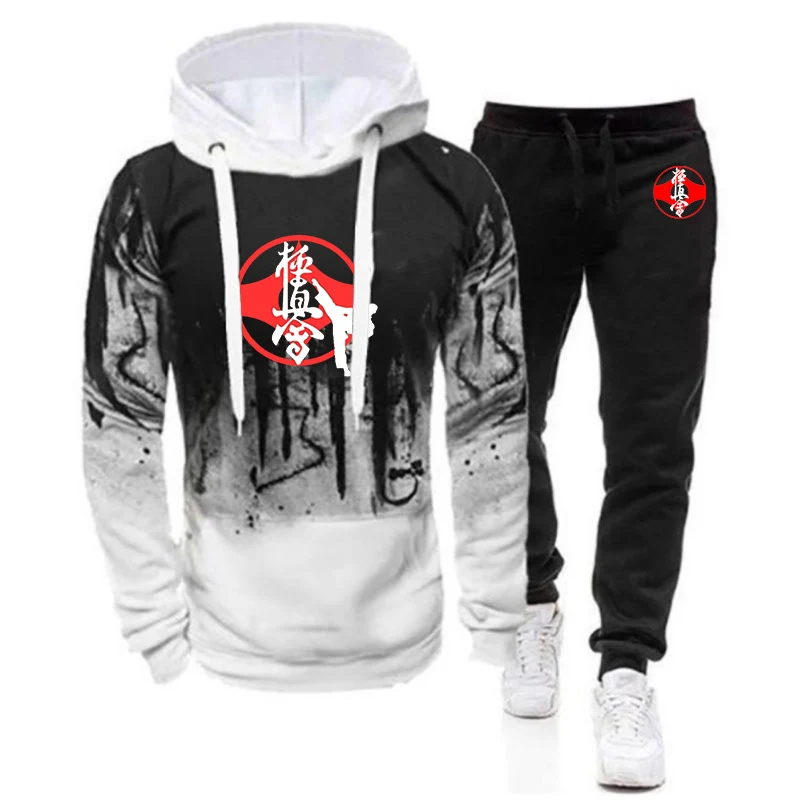 

Men's Kyokushin Karate New Spring Autumn Pullover Hooded Hoodie + Casual Printing Sweatpant Leisure Gradient Color Suit