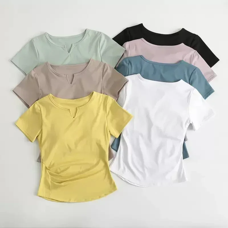 Lemon Women V Neck Comfortable Elastic Fitness Running Short Sleeve With Chest Pad Yoga Clothes Sports Tight Tops Spring Summer