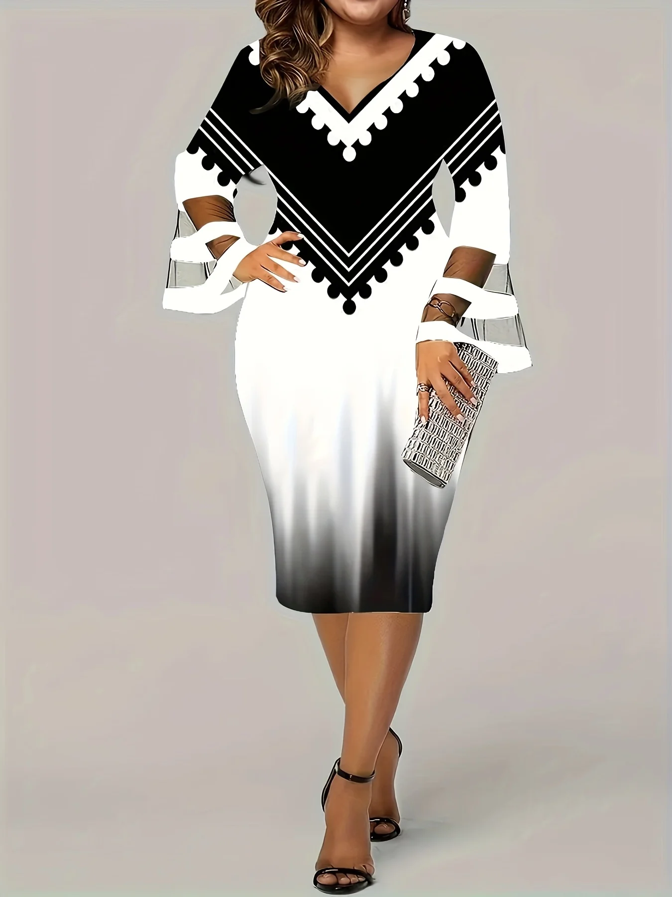 

Plus Size Casual V Neck long Sleeve Bag Hip DressNyfairy