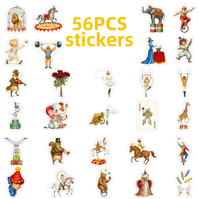 56개 레트로 서커스 PVC 스티커, 미적 감각의 컬러 DIY 장식, 휴대폰, 노트북, 여행 가방, 스케이트보드 그래피티 데칼