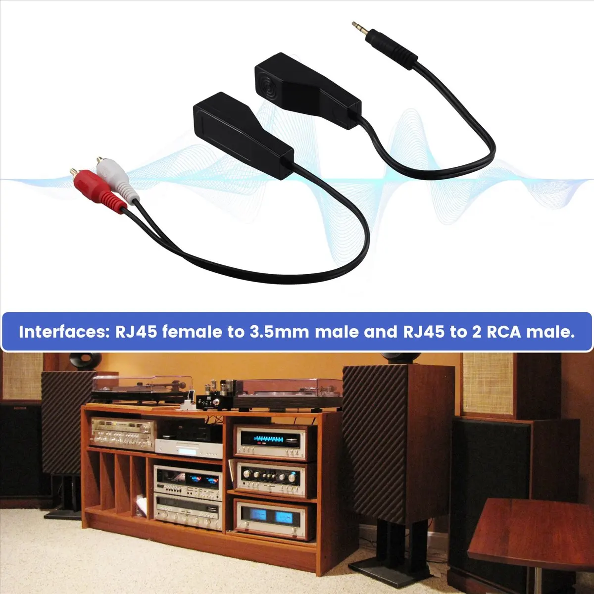 ABAI DC3.5mm 스테레오 및 RCA 레드 화이트 오디오 신호 발룬(Cat5/6 케이블을 통한 전송) RJ45 암 커넥터 - DC3.5mm 및 2xRCA 오디오 케이블