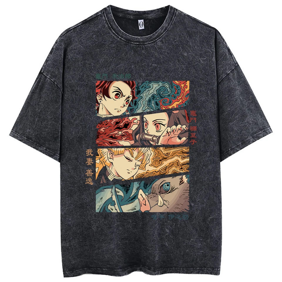 Anime Printed Acid Washed T Shirt 100% Cotton Short Sleeves