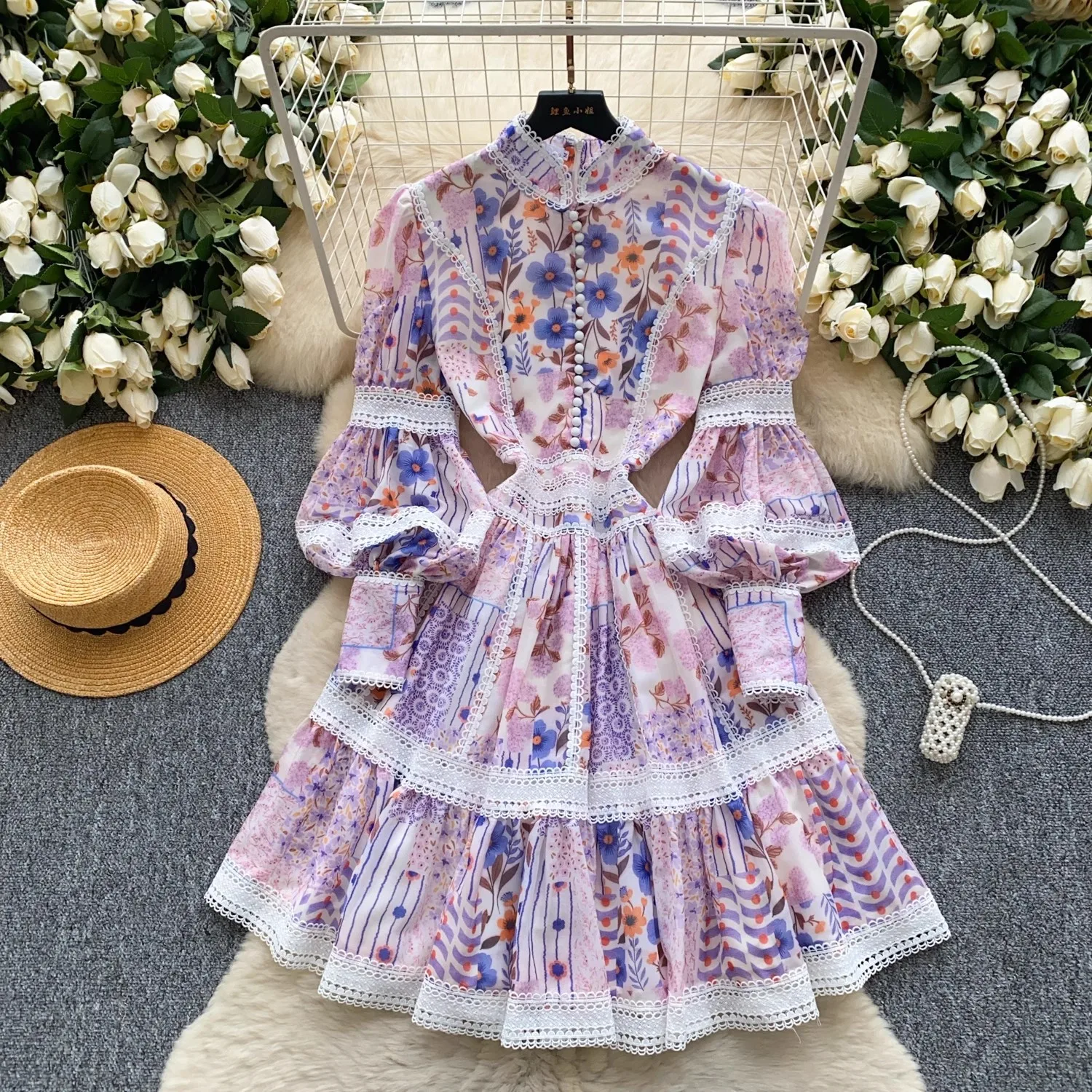 French Elegant Vintage Hollow Out Print Women Dresses Stand Long Lantern  Sleeve High Waist Patchwork Lace Up Mini Dress Female - AliExpress 200000345