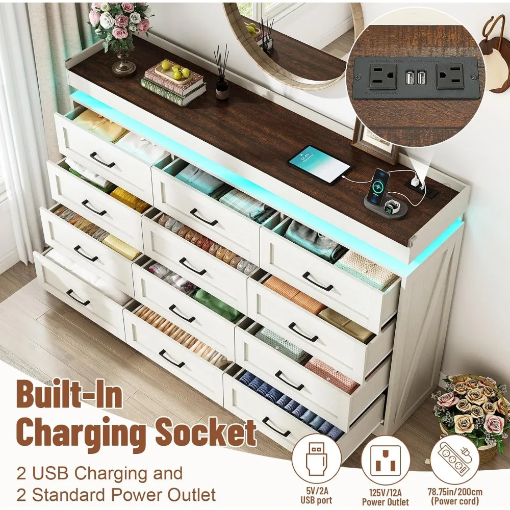 Tall Large Farmhouse 12 Drawers Dresser for Bedroom with LED Light and Power Outlets,Wood Rustic 12 Chests of Drawers for Closet 4