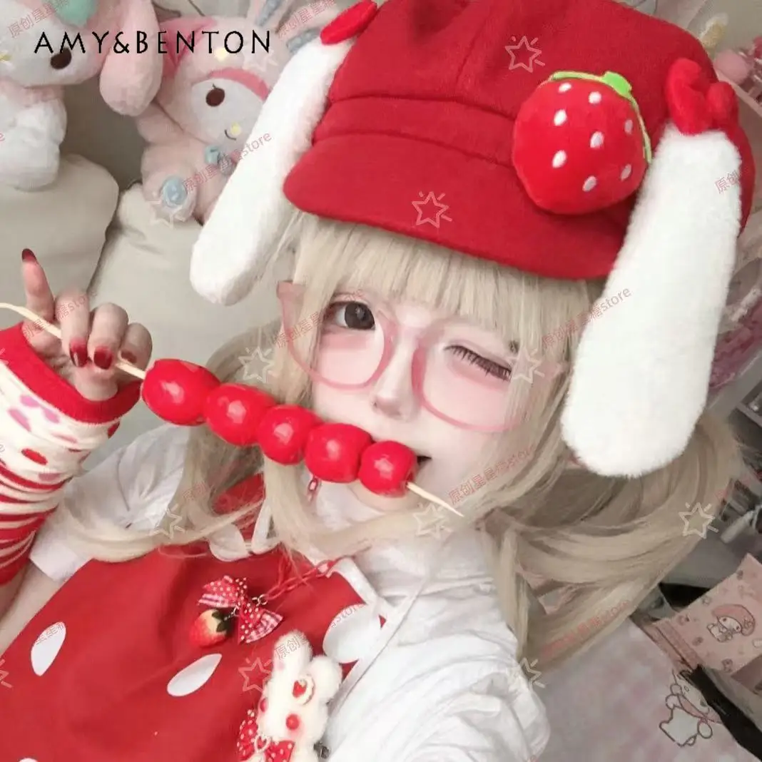 Original Sweet Girl Octagonal Hat Rabbit Ears Strawberry Red Newsboy Caps Cute Subculture Japanese Style Kawaii Beret Women