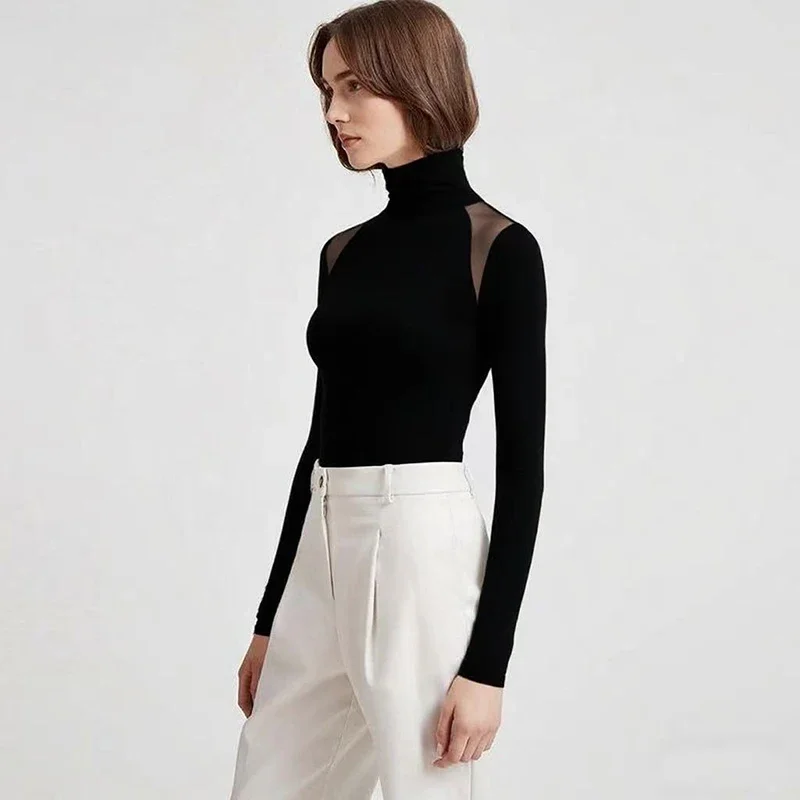 2025 Autumn New Women's Clothing Semi-turtleneck Hollow Slim-fitting Long-sleeved T-shirt Solid Color Elegant Bottoming Blouse