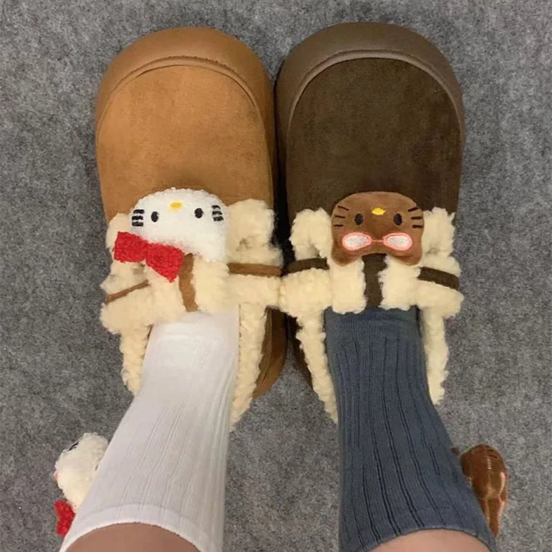 

2023New Kawaii Sanrio Cartoon Cute Black Leather Hello Kittys Plush Cotton Slipper Outdoor Padded Cotton Shoes Girl Anime Gift