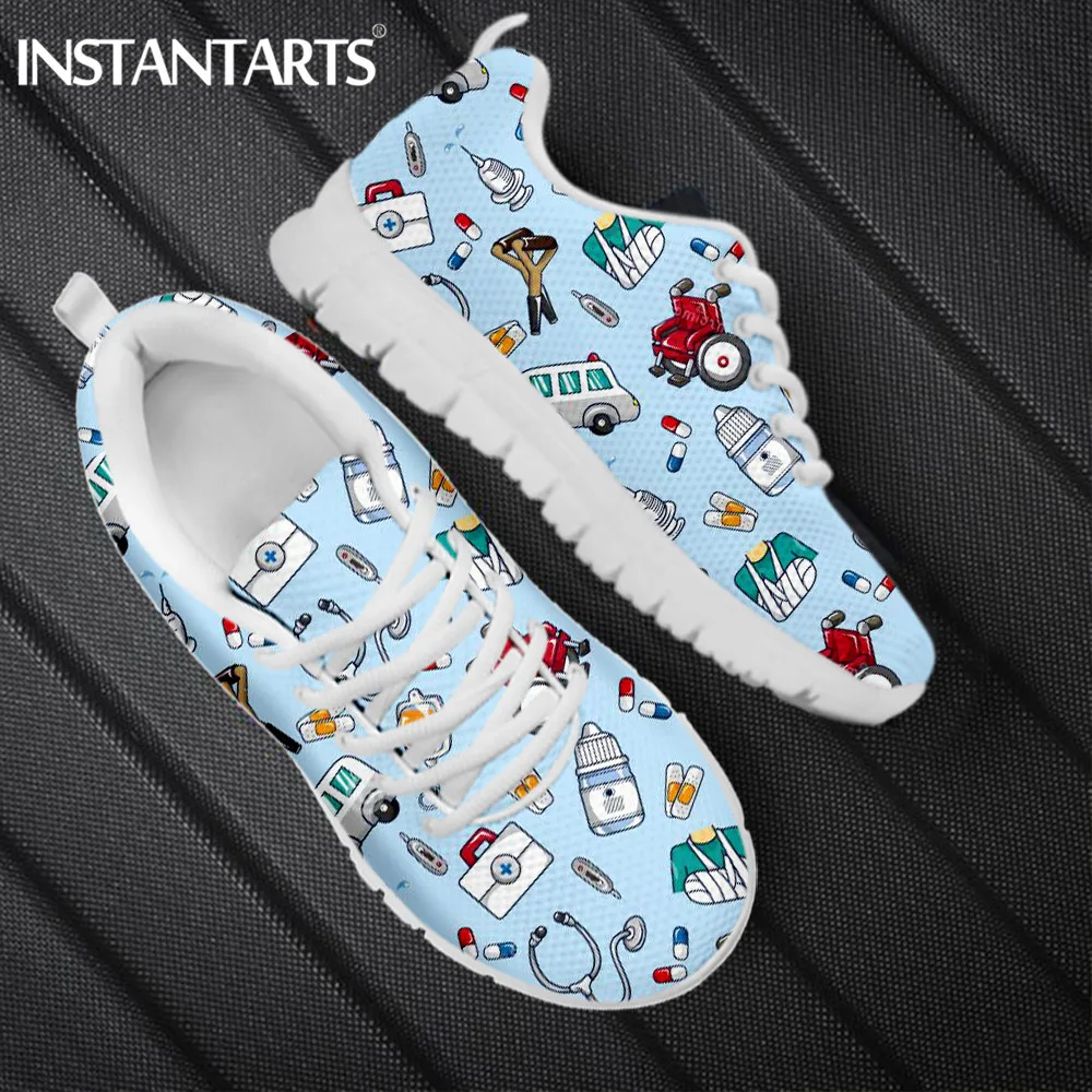 

INSTANTARTS Spring Nurse Flat Shoes Women Cute Cartoon Nurses Printed Women's Sneakers Shoes Breath Mesh Flats Zapatos de Mujer