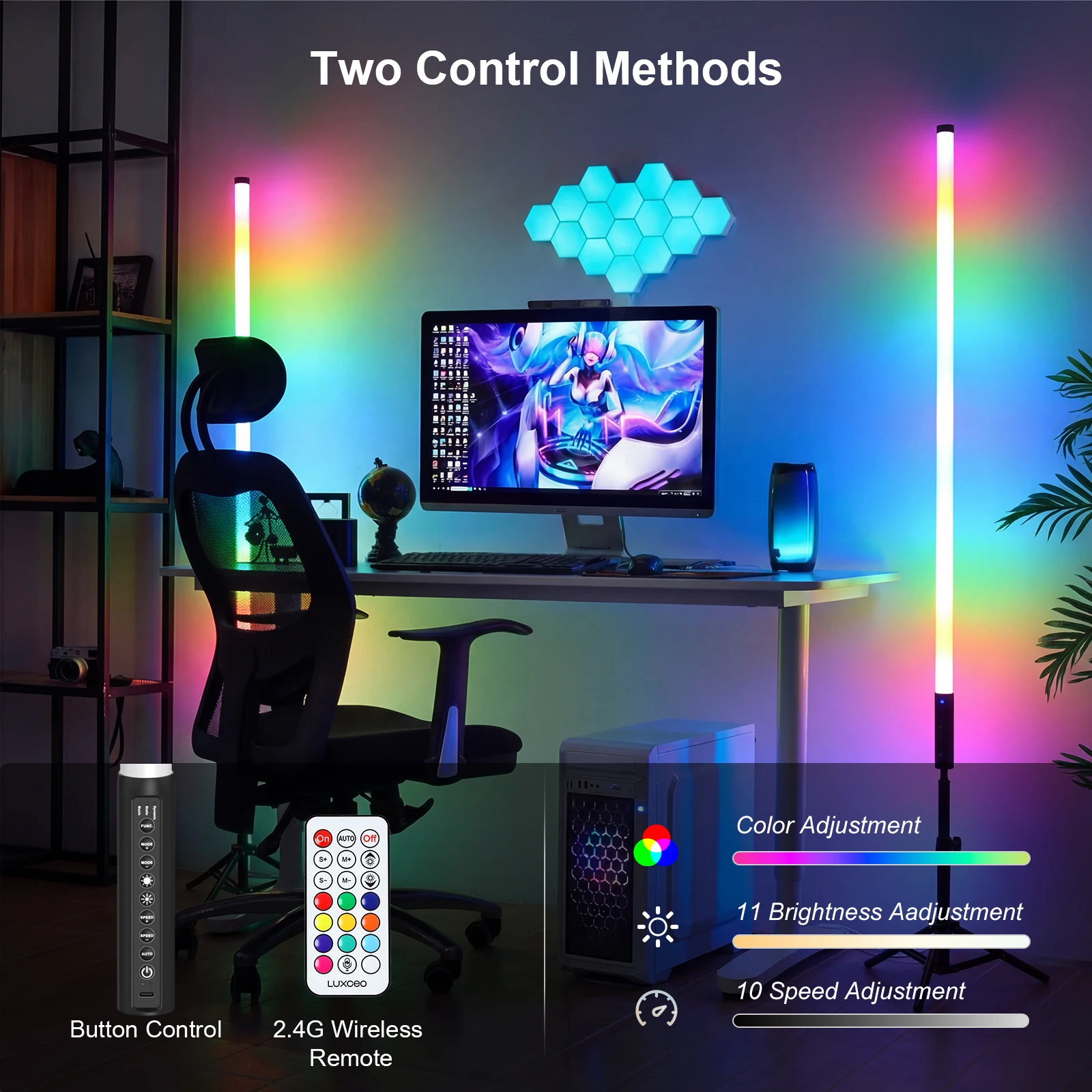 LUXCEO 120cm 4개 세트 5W LED 무드 조명 리모컨 포함, RGB 색상 변경 기능, 바, 무대, 파티, 크리스마스 장.