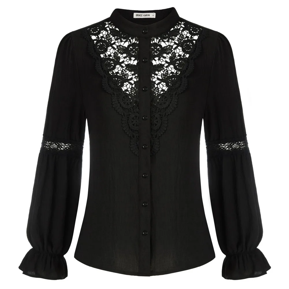 GRACE KARIN Women Retro Long Sleeve Lace Blouses Victorian Hollow Out