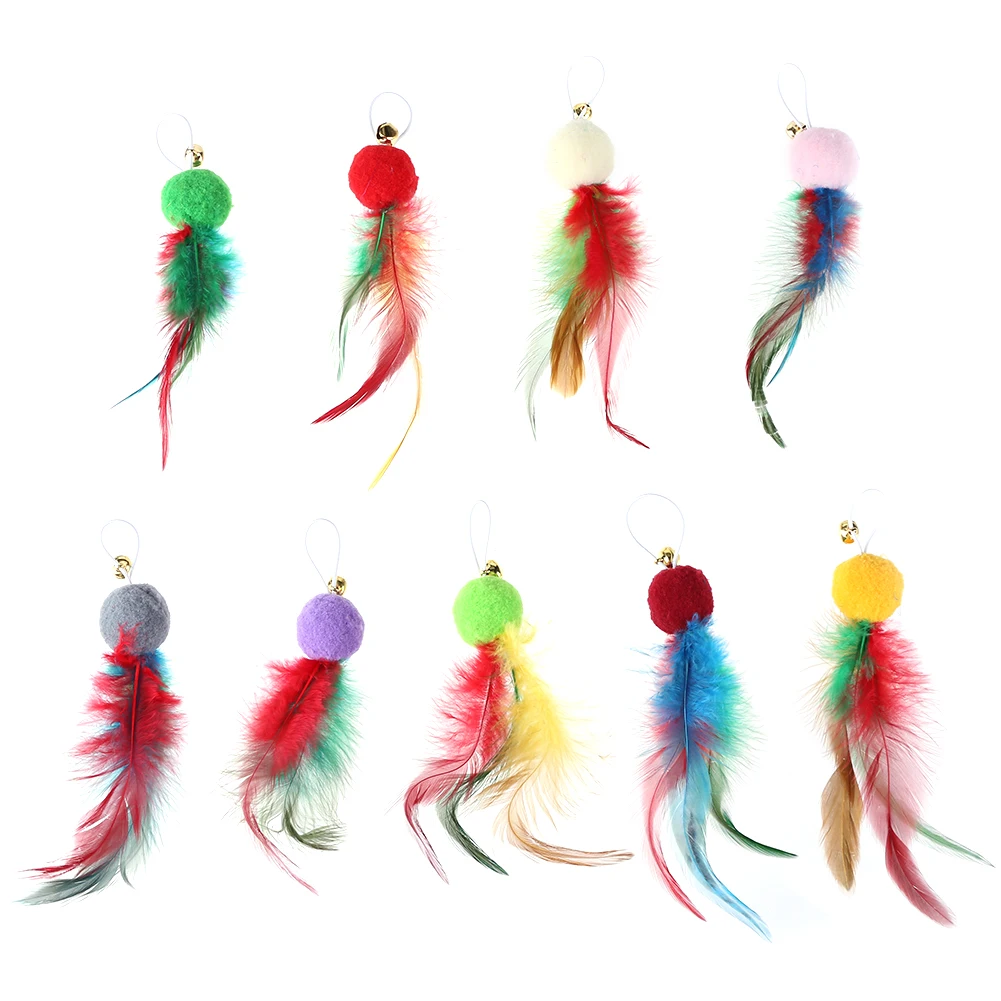 10PCS Replacement Cat Feather Teaser Toys with Bell – Interactive Wand Refills for Indoor Cats