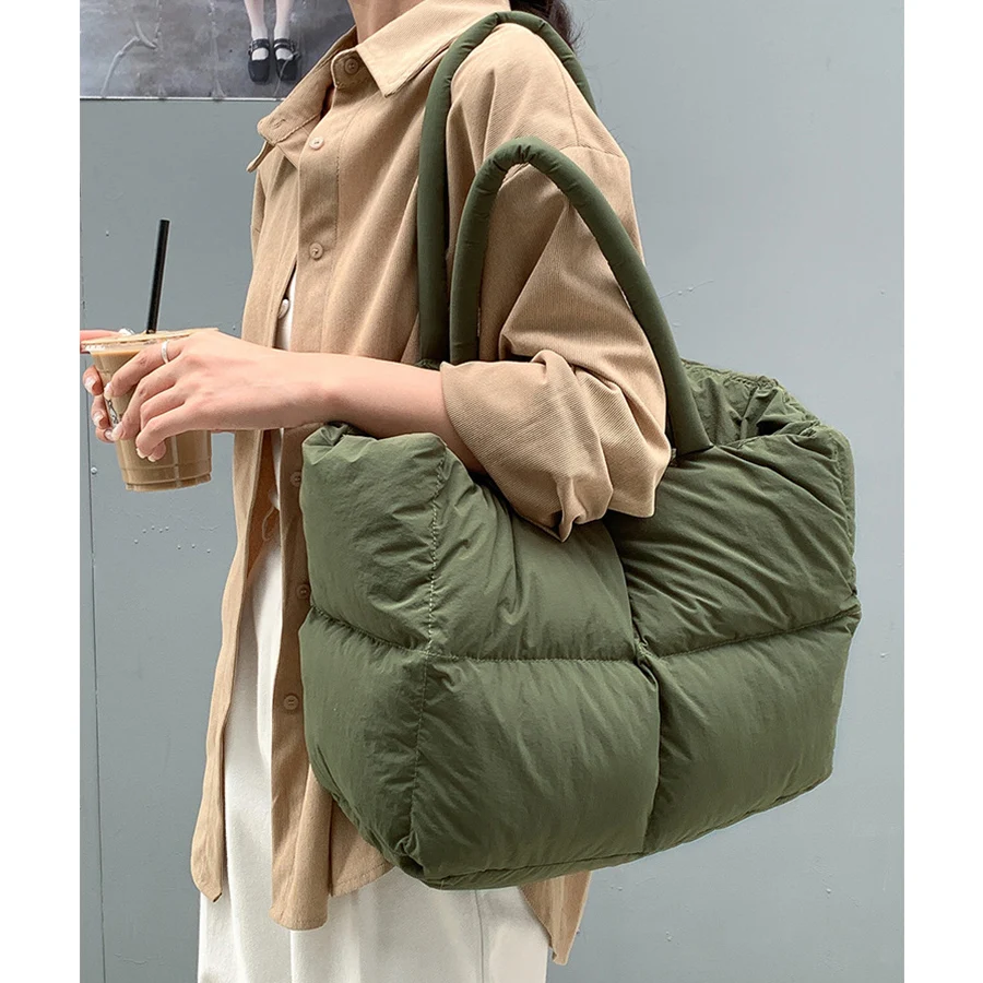 

Casual Design soft waxy puffs down cotton large capacity daily shopping handbag square cloud feel Tote soild color shoulder bags